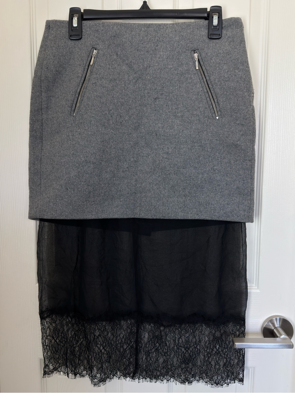 NEW Poleci Wool Cashmere Blend Skirt Black Silk Chiffon Lace MIDI Length Size 6